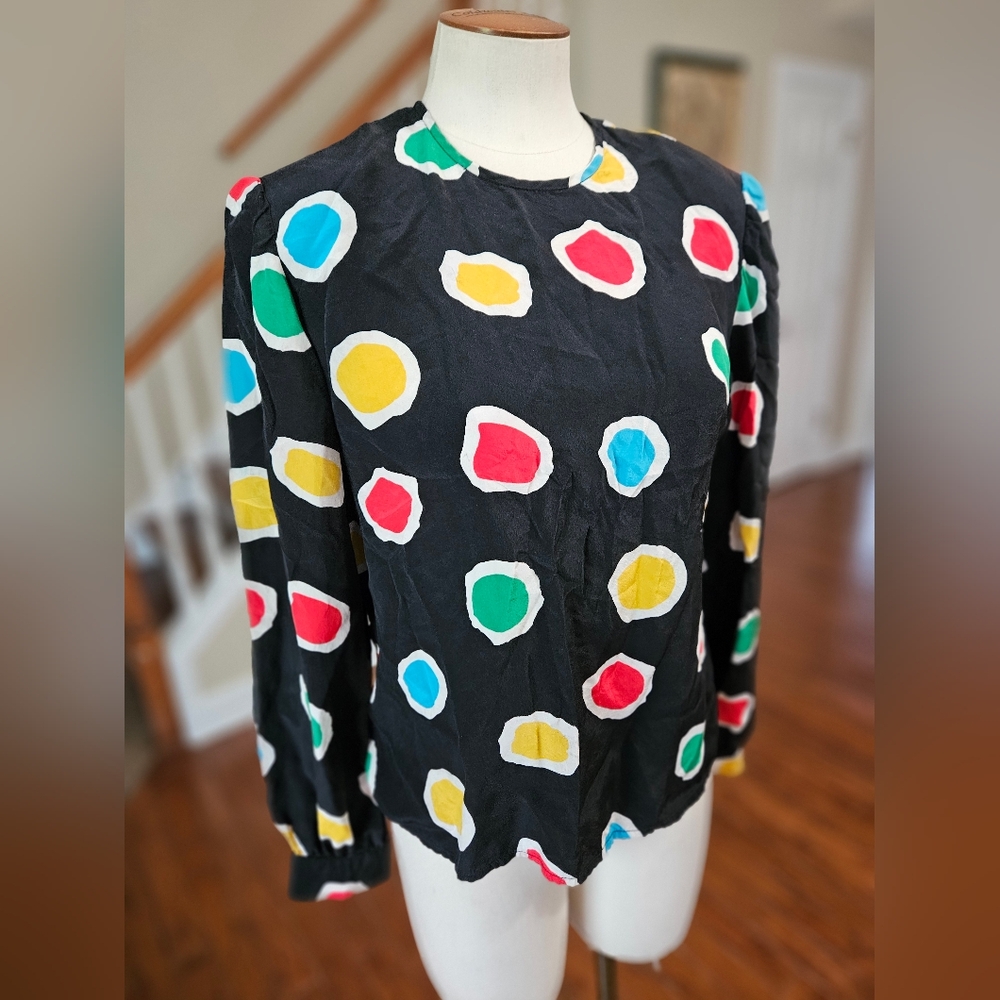 100% silk Colorful Polka Dot Women's Blouse - Picture 2 of 5